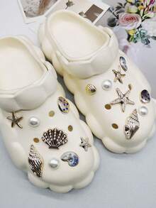 16pcs ABS Resin Gold Cute Nautical Ocean Starfish Shoe Charms, Shiny Rhinestone Seashell Shoe Clips Decorations, Detachable Faux Pearl Shell Shoe Accessories, Multi-Functional Shoe Clips For Women Sandals, Slippers, Beach Bags, Suitable For Christmas, Halloween, Valentine's Day, Birthday, Holiday Party Gifts (Shoes Not Included)