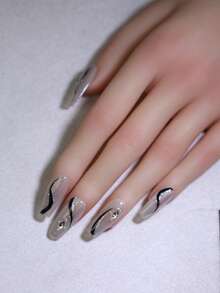 10pcs Coffin Handmade Press On Nails With Elegant Strobe Glossy Glitter Silvery Geometric Line French Style Nail Art Design Jade Gray Cat Eye False Nails Reusable Fake Nail Tips Fast Stick & Long Lasting DIY Nail Beauty - Light Grey - View 4