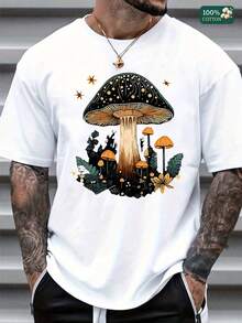 Men's Graphic T-Shirt, Retro Boho Mushroom Print With Earthy Green & Orange Accents,  Soft Cotton Casual Tee, All-Day Comfort For Outdoor Hiking Or Weekend Hangouts, Perfect Gift For Nature Lovers & Garden Enthusiasts - 白色 - 查看 1