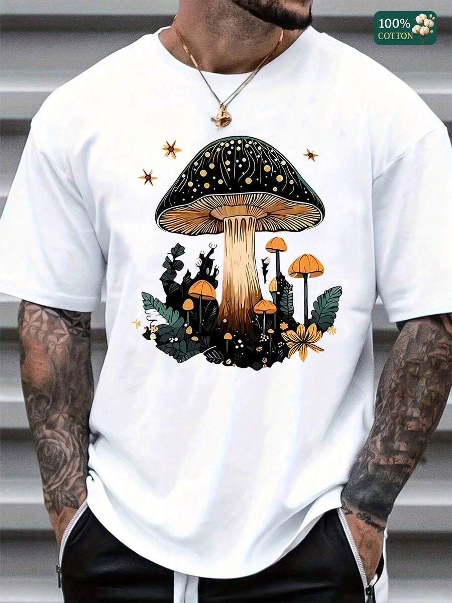 Men's Graphic T-Shirt, Retro Boho Mushroom Print With Earthy Green & Orange Accents,  Soft Cotton Casual Tee, All-Day Comfort For Outdoor Hiking Or Weekend Hangouts, Perfect Gift For Nature Lovers & Garden Enthusiasts - 白色 - 查看 1