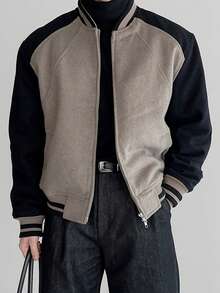 Men's Autumn/Winter Fashion Casual Windproof Wool Blend Colorblock Baseball Jacket, Essential For Daily Commute, Custom Ribbed Patchwork Design, Great Gift