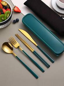 4pcs Stainless Steel Portable Cutlery Set, Travel Utensil Set With Case, Reusable Stainless Steel Camping Cutlery Set Including Fork, Spoon, Chopsticks And Case, Suitable For Western Food, Kitchen, Lunch Box, Office, Picnic, Daily Dining, Christmas, Various Combinations As Christmas Gift,School Supplies