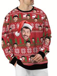 Customizable Men's Sweatshirt, Autumn/Winter Sweatshirts, Personalized With Face Designs Or Other Funny Patterns, Great Christmas, Halloween Gifts For Boyfriend, Girlfriend, Husband, Long Sleeve Top - Red - View 13