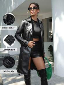 Giolshon 女士秋冬 PU 极简通勤时尚夹克 - 轻便外套配腰带 - 百搭时尚风衣 - 黑色 - 查看 2