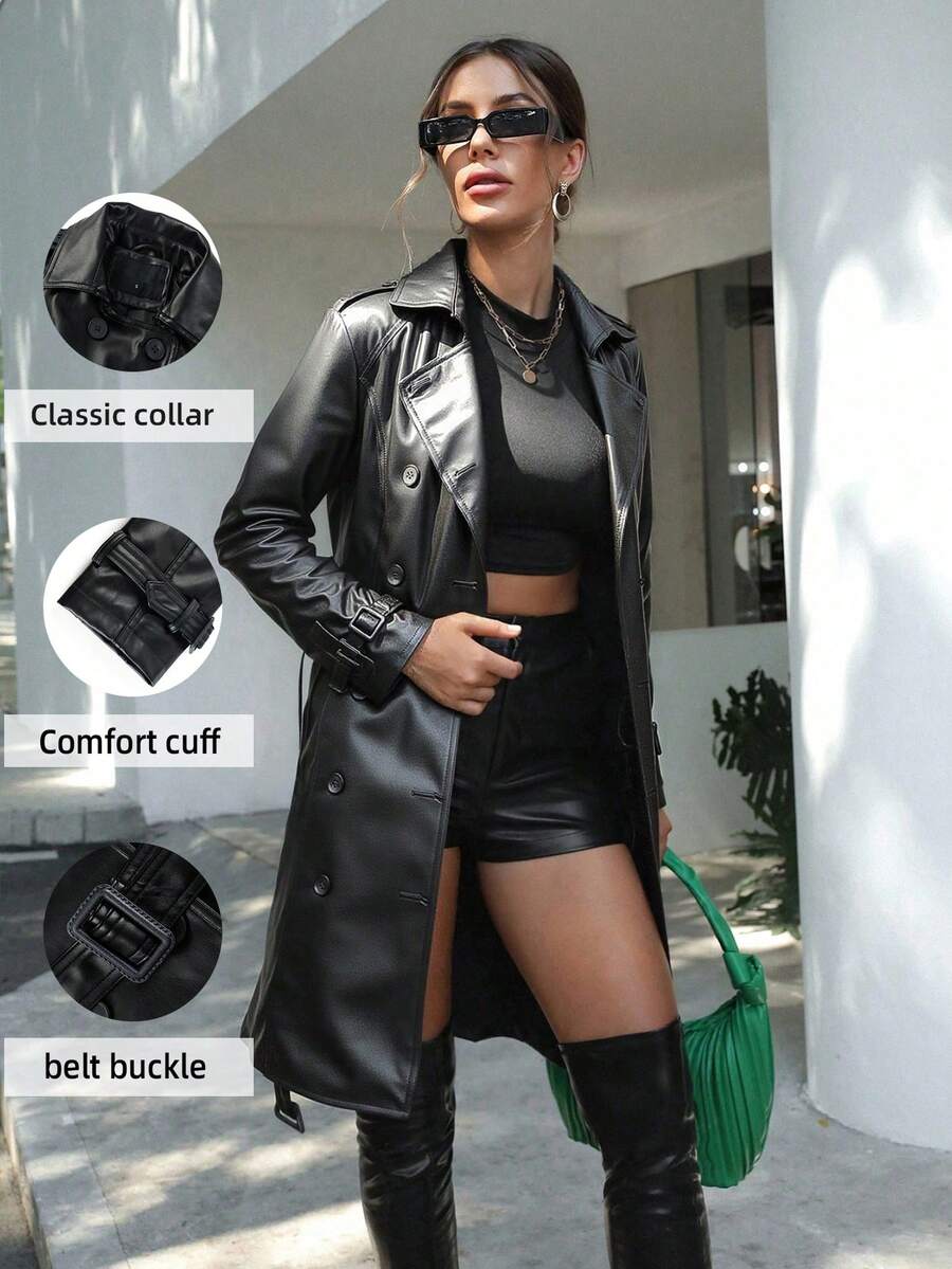 Giolshon 女士秋冬 PU 极简通勤时尚夹克 - 轻便外套配腰带 - 百搭时尚风衣