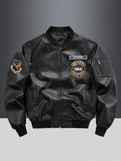 Men's PU Leather Jacket Bomber Casual Outerwear, Spring Autumn Lightweight, Stand Collar Embroidery Print Fashion Long Sleeve