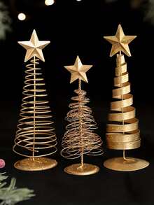 1pc/3pcs Golden Mini Christmas Trees In Various Styles - Elegant Tabletop Decorations With Stable Bases, Bottle-Shaped Retro Holiday Centers, High-End Handicrafts, Suitable For Homes, Offices, And Parties - Festive Home Decorations, No Electricity Required, Christmas Decorations, Office Decorations, High-End Handicrafts, Made Of Durable Iron, Perfect For Christmas. - Multicolor - View 1