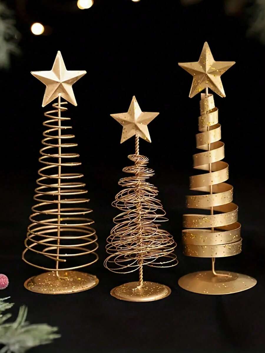1pc/3pcs Golden Mini Christmas Trees In Various Styles - Elegant Tabletop Decorations With Stable Bases, Bottle-Shaped Retro Holiday Centers, High-End Handicrafts, Suitable For Homes, Offices, And Parties - Festive Home Decorations, No Electricity Required, Christmas Decorations, Office Decorations, High-End Handicrafts, Made Of Durable Iron, Perfect For Christmas. - Multicolor - View 1