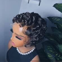 C Part Culry Lace Front Wig For Women Short Wig Human Hair Pre Plucked Pixie Cut Wig 13x4 Lace Wig With Baby Hair 1B Color 150% Density - SNatural - View 2