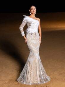 Faeriesty Glamour Luxury One-Shoulder Mermaid Evening Gown With Sequin, Sequins Accents – Geometric Patterns, Slim-Fit Fish-Tail Silhouette For Weddings, Red-Carpet Events, Evening Galas & Luxurious Dinners - Apricot - View 10