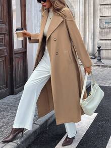 女式口袋纯色双排扣长款风衣，女式秋季服装 - 卡其色 - 查看 1
