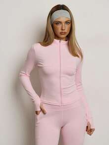 PinkTip Pink Tip Women's Solid Color Seamless Elastic Jacket & Leggings Sports Set, Butt Lifting Slim-Fit Soft Pants, Casual Sportswear For Daily, Fitness, Workout, Running, Yoga, Pilates Spring - 粉色 - 查看 2