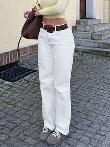 Women's Spring White Mid-Rise Minimalist Slim-Fit Straight Leg Casual Daily Street Style Jeans - Everyday Versatile Stylish Bottoms - White - View 3