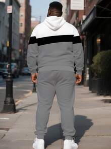Set tuta da uomo con cappuccio "Pattern Color Block" in taglie comode, stile sportivo per primavera, autunno e inverno, 2 pezzi - Felpa con cappuccio comoda e ampia + pantaloni jogger, stile casual e versatile per lo streetwear e l'hip hop