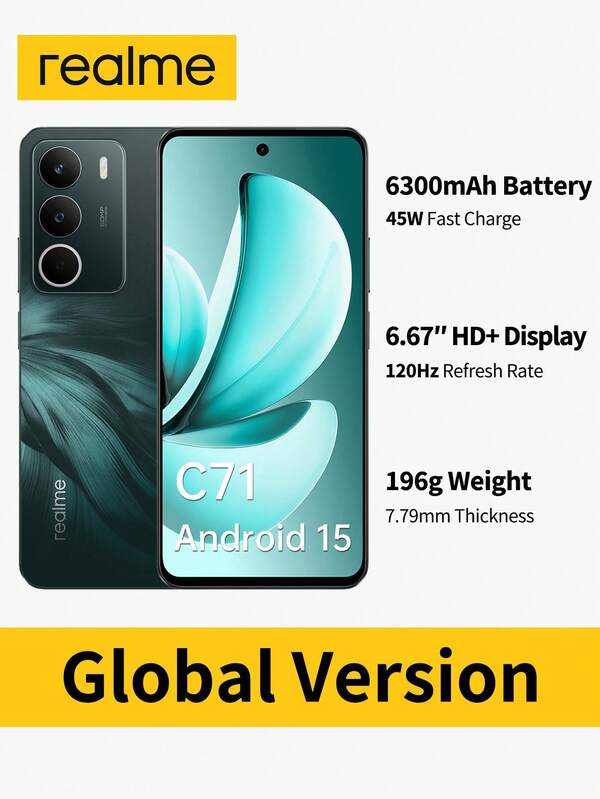 Realme C71 6GB+128GB 8GB+256GB global entsperrtes Smartphone mit UNISOC T7250 Chipsatz & 6,67" HD+ 120Hz Display, 6300mAh Großbatterie & 45W Schnellladung, 50MP KI ProLight Kamera & Aufnahme von 1080P Dual-View Video für kreative Inhalte, IP64 Staub-/Wasserschutz