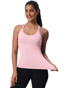 Camisetas sin mangas para entrenamiento para mujer, sujetadores incorporados, camisetas sin mangas deportivas con espalda cruzada y relleno, camisetas de yoga acanaladas - Rosa claro - Ver 5