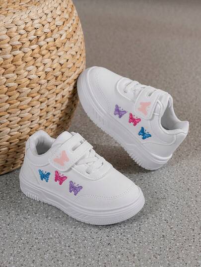 Fashionable Children's Casual Shoes With A White Leather Upper And Colorful Butterfly Embroidery Design, Fun Wings, Lightweight And Comfortable, With A Hook And Loop Strap For On And Off, Versatile For All Kinds Of Clothing.