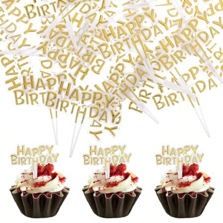 DGiantree 100Pack Happy Birthday Cupcakes Decoration Lightweight Birthday Cupcake Decorations Small Cupcake Decorations For Happy Birthdays Anniversary Theme Party Cake Decoration Supplies Gold10 - 如圖 - 查看 1