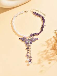 1 和个性化 Y2k 中国朋克亚文化紫色蝴蝶吊坠仿珍珠/紫色砾石双层项链小众设计适合女性派对/音乐节/日常/派对佩戴粗颈链 - 彩色 - 查看 2