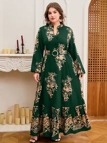 DEARCASE Plus Size Elegant Vintage Floral Print Dress Spring - Dark Green - View 5