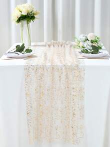 1 Pieza Camino de mesa dorado con brillo, Cubierta de mesa plisada, Mantel de tela de gasa de poliéster elegante, Decoraciones de mesa de fiesta doradas, Estilo bohemio brillante y romántico, Accesorios de boda, Regalos de ducha nupcial, Decoraciones de cumpleaños, Decoraciones de fiesta, Decoración de aniversario, Decoración de banquete de compromiso, Decoración del hogar, Decoración de mesa, Decoración de superficie de mesa