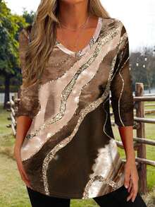 Women's Marble Print Curved Hem T-Shirt - Camel - View 4
