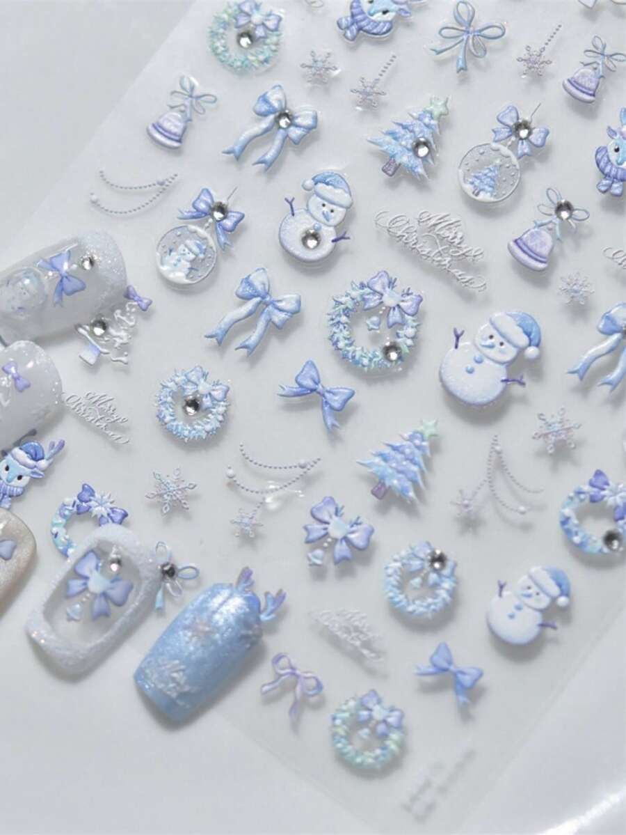 1 张 2025 新款圣诞美甲贴纸，5D 闪亮贝壳激光粉色圣诞树、花环、雪花、星星自粘美甲贴纸 - 彩色 - 查看 1