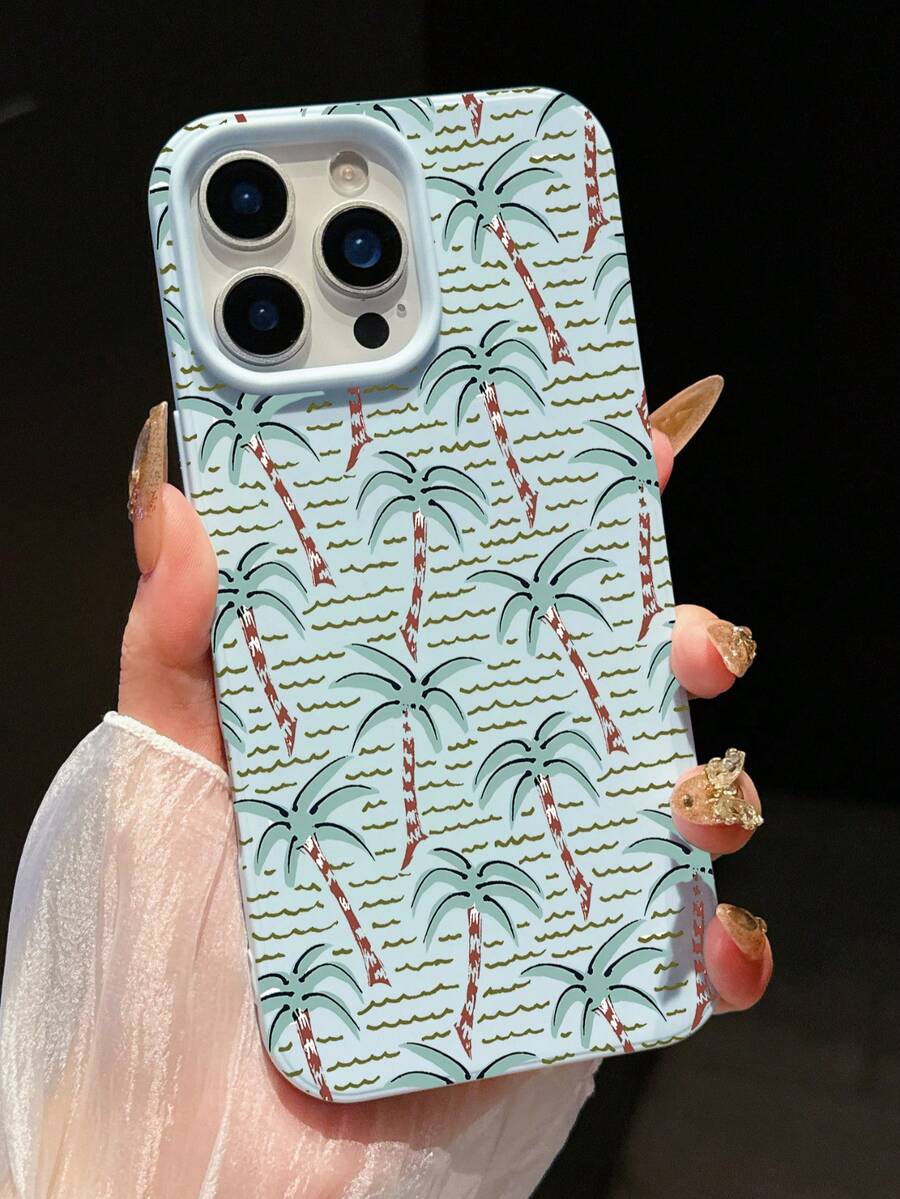 1 件极简主义风格海浪和棕榈树哑光软硅胶手机壳，适用于 11/12/13/14/15/16/17 系列 - 天藍色 - 查看 1