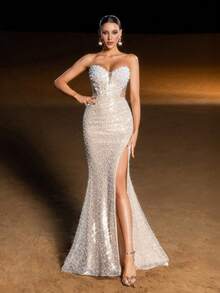 Faeriesty Haute Glamour Luxurious Beaded Sequin Mermaid Evening Gown, Lace-Up Back Detail & Graceful Mermaid Silhouette – Floor-Length Flared Skirt Ideal For Galas, Proms, Bridesmaid Dresses & High-End Evening Gatherings