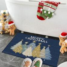 1 pièce Tapis de cuisine, de porte, de salle de bain, de chambre à coucher, de salle à manger, décoration de maison, décoration de fête, décoration de Noël, en matériau imitation cachemire doux avec motif d'arbres de Noël colorés sur fond rouge et bleu, avec support en TPR, long/court - Multicolore - Voir 5