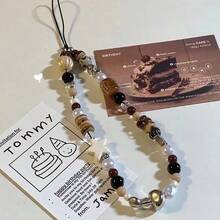 1pc Retro Brown Leopard Print Cat Beaded Phone Lanyard, Short Phone Case Wrist Strap Charm Bead Chain Necklace Camera Hanging Accessory For Women