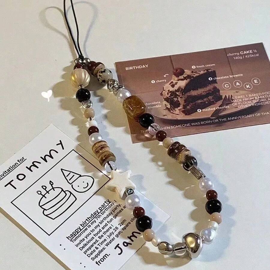 1pc Retro Brown Leopard Print Cat Beaded Phone Lanyard, Short Phone Case Wrist Strap Charm Bead Chain Necklace Camera Hanging Accessory For Women