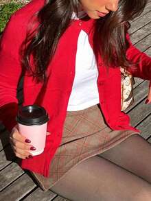 Cárdigan de punto para mujer de manga larga, cuello redondo, cierre con botones, detalles de punto acanalado, longitud regular, elástico, cárdigan rojo, suéter casual - Rojo - Ver 5