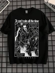 Men's Dark Aesthetic "Crow" Movie Culture T-Shirt, Retro Street Style Loose Daily, Casual Round Neck Short Sleeved - 黑色 - 查看 1