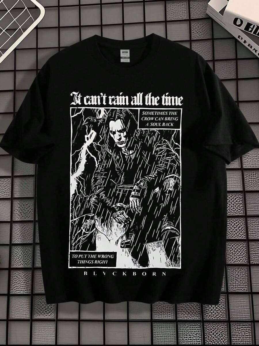 Men's Dark Aesthetic "Crow" Movie Culture T-Shirt, Retro Street Style Loose Daily, Casual Round Neck Short Sleeved - 黑色 - 查看 1