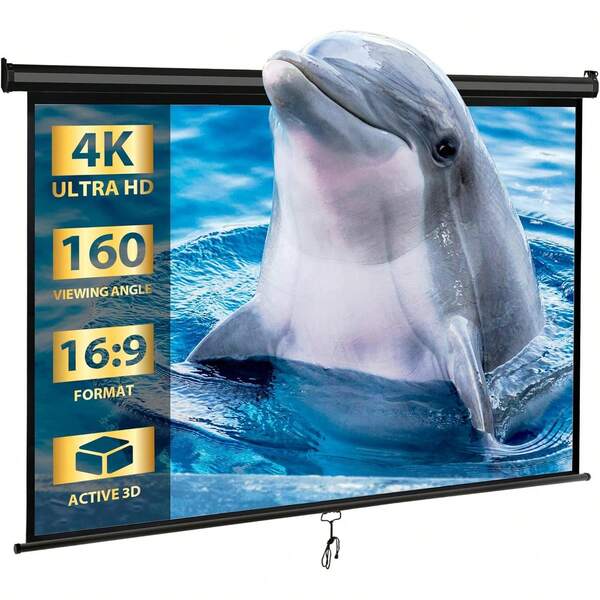 80'' 16:9 HD Projection Screen Foldable Anti-Crease Portable Projector Movie Screen Manual Pull Down For Home Theater Presentation Education Outdoor Indoor Public Display, Black