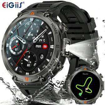 EIGIIS Smartklockor för män med inbyggd GPS och LED-ficklampa, 3ATM vattentät och robust taktisk smartklocka med text och samtal, 1,45" HD-aktivitetsmätare med sömnmonitor för iPhone och Android