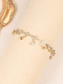 10pcs/Set Elegant Copper Inlaid Crystal & Faux Pearl Butterfly, Heart, Clover Charm Bracelet Set, Suitable For Women Daily Wear