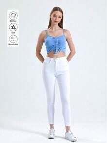 Damen Hose mit hoher Taille, elastisch, schmal geschnitten, aus Leinen, einfarbig, Lässig, mit Reißverschluss, Knopf und Taschen