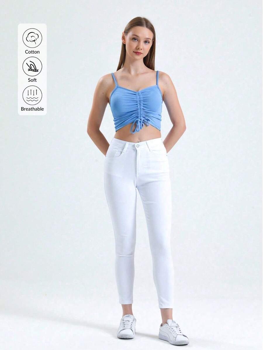 Damen Hose mit hoher Taille, elastisch, schmal geschnitten, aus Leinen, einfarbig, Lässig, mit Reißverschluss, Knopf und Taschen