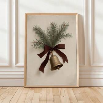 1 Pc, Wall Art, Vintage Poster, Christmas Bells With Pine And Brown Bow Ribbon Art Print, Winter Holiday Farmhouse Christmas Canvas Painting, Perfect Living Room And Bedroom Wall Decor, Christmas Decoration, Unframed