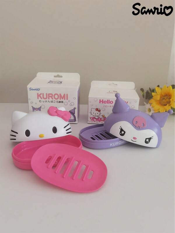 Sanrio Caja de jabón con tapa de Kitty, portátil y multifuncional, sin acumulación de agua, caja de almacenamiento de jabón de baño con tapa
