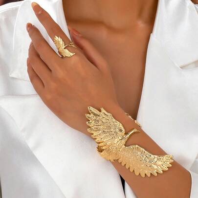 Juego de 2 piezas/3 piezas de joyería, nuevo conjunto de pulsera, anillo, collar y aretes de moda con diseño de pavo real y fénix para bodas, elegante y delicado juego de joyería de metal dorado/plateado ajustable para mujeres