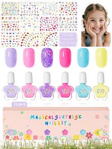 9 件套（6 件指甲油 + 3 件随机指甲贴纸）儿童美甲沙龙套装 - 闪亮马卡龙纯色水性可撕式指甲油、闪光凝胶指甲油、可爱花卉和蝴蝶指甲贴纸，适合女孩、儿童、DIY 美甲、学校活动、生日礼物