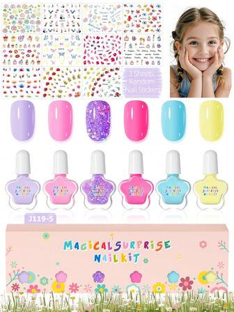9pcs (6pcs Nail Polish + 3pcs Random Nail Stickers) Children's Manicure Salon Set - Shimmery Macaron Solid Color Water-Based Peel-Off Nail Polish, Glitter Gel Nail Polish, Cute Floral & Butterfly Nail Stickers, Suitable For Girls, Children, DIY Nail Art, School Activities, Birthday Gifts