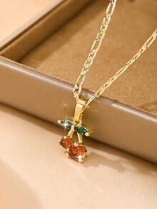 1 Exquisite And Elegant Shiny Small Red Cherry & Large Pink Cherry Copper Pendant Copper Inlaid Zirconia Necklace, Suitable For Giving To Girls/Boys/Family/Friends/Versatile/Light Luxury/Party/Banquet/Festival/Christmas/Thanksgiving/Halloween/Gift