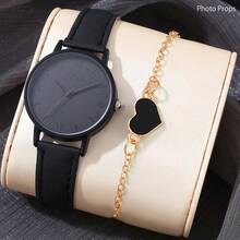 2 piezas Conjunto de relojes de mujer para el Día Nacional, correa de cuero de PU negro, reloj y pulsera, adecuado para uso diario, regalo de cumpleaños, fiesta, reunión festiva, regalo ideal para ti o tus amigos. No incluye caja de embalaje.