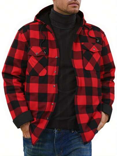 1 buc. Jachetă bărbătească în carouri, cu guler cu nasturi, mânecă lungă și buzunar la piept, croială regulată, jachetă îngroșată cu căptușeală termică, toamnă/iarnă