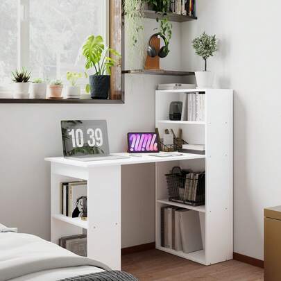 HOMCOM Modern Computer Desk With Storage Shelves, 47" Writing Table Workstation With Bookshelf For Home Office, White