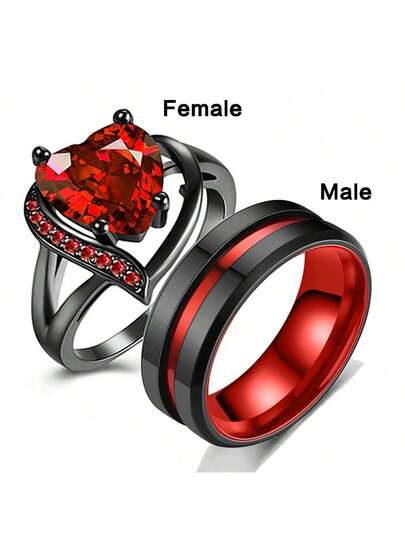 1 Set Stainless Steel Luxury Couple Rings - Romantic Heart Design With Synthetic Diamond Accents, Durable Stainless Steel Ring For Men, Fashionable Jewelry Accessories For Couples, Suitable For Engagement, Wedding, Valentine's Day Gift